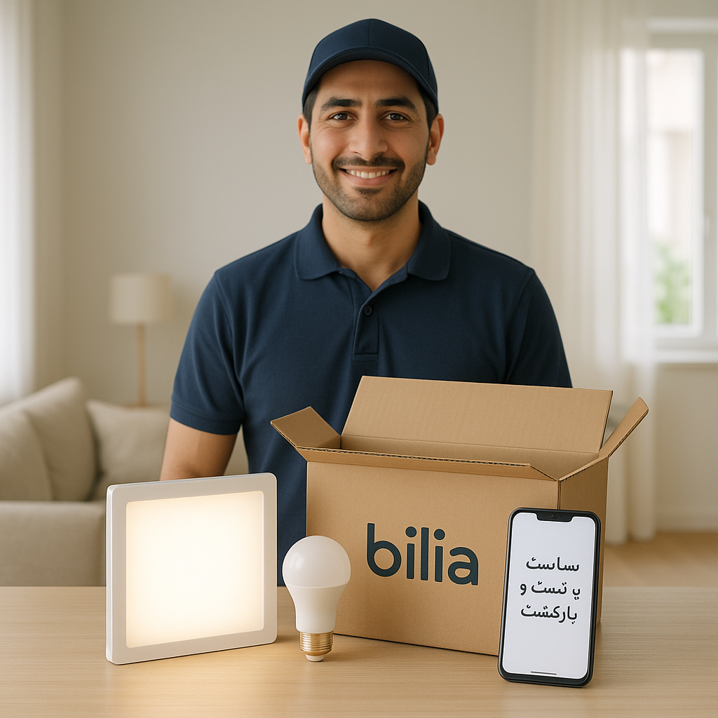 مشتری در حال تست یک پنل LED بیلیا روی میز با بسته‌بندی، دفترچه و فضایی مدرن و مطمئن—نمایانگر فرآیند مرجوعی و خدمات حرفه‌ای بیلیا