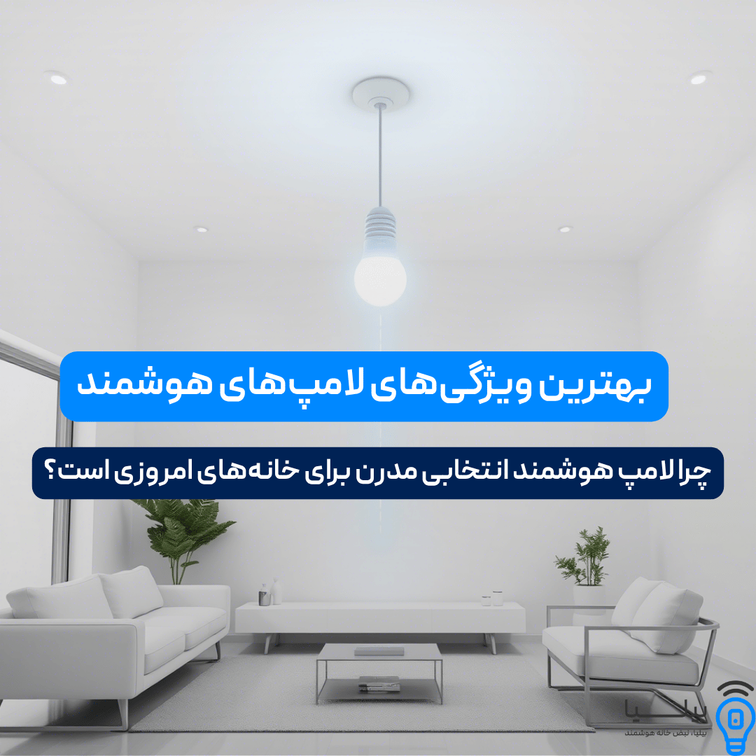 اتاق پذیرایی مدرن و مینیمال با دیوارهای سفید، یک لامپ LED هوشمند روی سقف و ارتباط مفهومی بین گوشی هوشمند و لامپ با خط نورانی؛ الهام گرفته از روشنایی هوشمند بیلیا