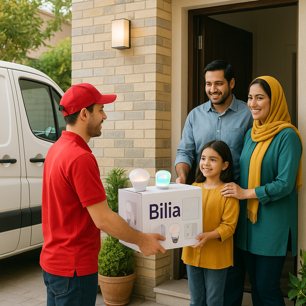 تحویل واقعی بسته محصولات خانه هوشمند بیلیا توسط مامور ارسال به خانواده‌ای مقابل خانه مدرن، همراه با نمایش محصولات روشنایی هوشمند مانند لامپ و پنل LED در بسته‌بندی؛ فضایی مدرن، صمیمی و با حس اعتماد به خدمات سریع و مطمئن بیلیا در ایران.