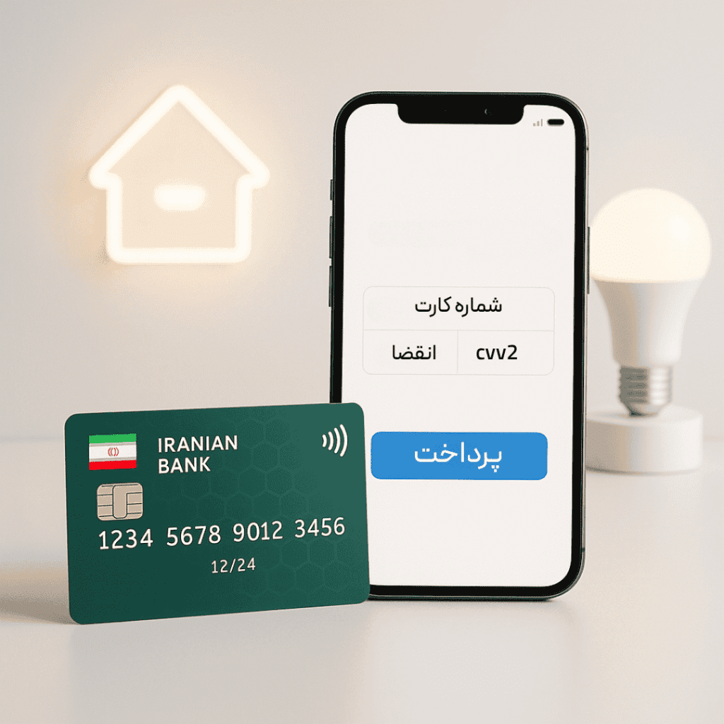 تصویری از یک کارت بانکی ایرانی و گوشی موبایل با صفحه پرداخت آنلاین، نشان‌دهنده امنیت و سادگی پرداخت اینترنتی در فروشگاه بیلیا، همراه با نماد خانه هوشمند و روشنایی مدرن.