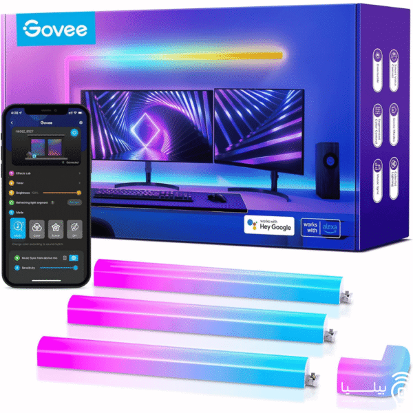 بسته‌بندی اصلی Govee Glide RGBIC همراه اپلیکیشن موبایل؛ نورپردازی ماژولار گیمینگ برای دسکتاپ یا ستاپ استریم، با قابلیت کنترل هوشمند از راه دور.