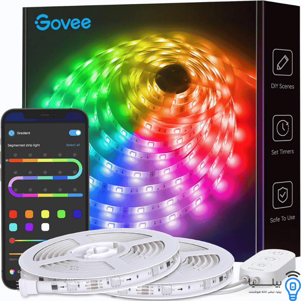 جعبه محصول و نوار LED هوشمند Govee RGBIC به همراه تصویر اپلیکیشن کنترل؛ مناسب اتاق گیمینگ و نورپردازی اسمارت بیلیا