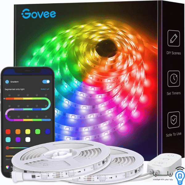 جعبه محصول و نوار LED هوشمند Govee RGBIC به همراه تصویر اپلیکیشن کنترل؛ مناسب اتاق گیمینگ و نورپردازی اسمارت بیلیا
