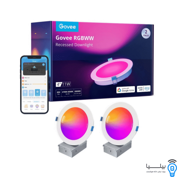 alt="بسته هالوژن هوشمند Govee RGBWW همراه با کنترل از طریق اپلیکیشن موبایل و قابلیت تنظیم رنگ – مناسب نورپردازی گیمینگ و خانه هوشمند بیلیا"