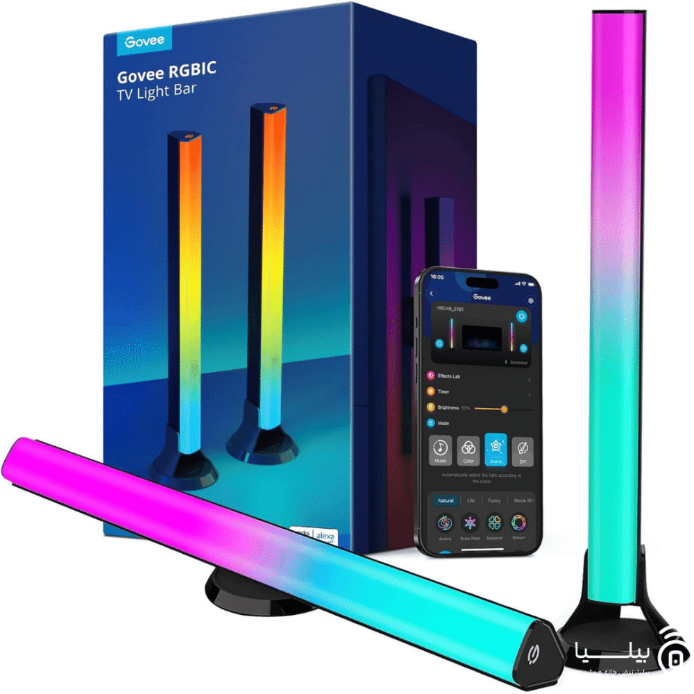 پک نورپردازی هوشمند Govee RGBIC مدل TV Light Bar با بسته‌بندی اصلی، دو عدد لایت بار چندرنگه، کنترل از طریق اپلیکیشن موبایل و قابلیت اتصال به الکسا و گوگل اسیستنت، مناسب نورپردازی پشت تلویزیون و فضای مدرن خانه.