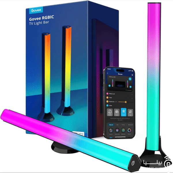 پک نورپردازی هوشمند Govee RGBIC مدل TV Light Bar با بسته‌بندی اصلی، دو عدد لایت بار چندرنگه، کنترل از طریق اپلیکیشن موبایل و قابلیت اتصال به الکسا و گوگل اسیستنت، مناسب نورپردازی پشت تلویزیون و فضای مدرن خانه.