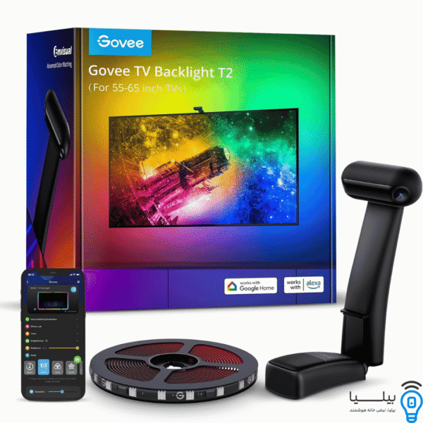 پک کامل نوار LED هوشمند Govee TV Backlight T2 مناسب تلویزیون‌های ۵۵ تا ۶۵ اینچ، همراه با دوربین دوگانه، ریموت، و اپلیکیشن موبایل برای کنترل نورپردازی خرید از بیلیا