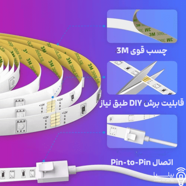 نمای نزدیک قطعات نوار LED RGB هوشمند Govee با چسب قوی ۳M، قابلیت برش DIY طبق نیاز و اتصال Pin-to-Pin، مناسب نصب آسان و سفارشی‌سازی روشنایی خانه با محصولات بیلیا.