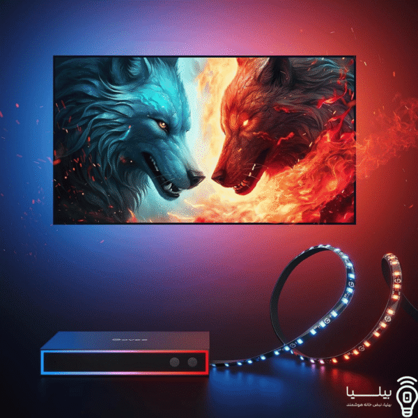 نورپردازی محیطی پشت تلویزیون گیمینگ با نوار LED Govee و جعبه HDMI – تصویری از تجربه بازی با افکت نور تعاملی – بیلیا