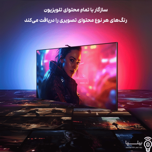 تلویزیون با نورپردازی محیطی هوشمند، متن «سازگار با تمام محتوای تلویزیون، رنگ‌های هر نوع محتوای تصویری را دریافت می‌کند»، مناسب معرفی نوار LED Govee Envisual T2