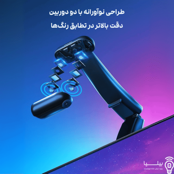 نمایی از دوربین دوگانه Govee همراه با متن «طراحی نوآورانه با دو دوربین، دقت بالاتر در تطابق رنگ‌ها»، معرفی تکنولوژی دوربین هوشمند نوار LED Govee T2 خرید از بیلیا