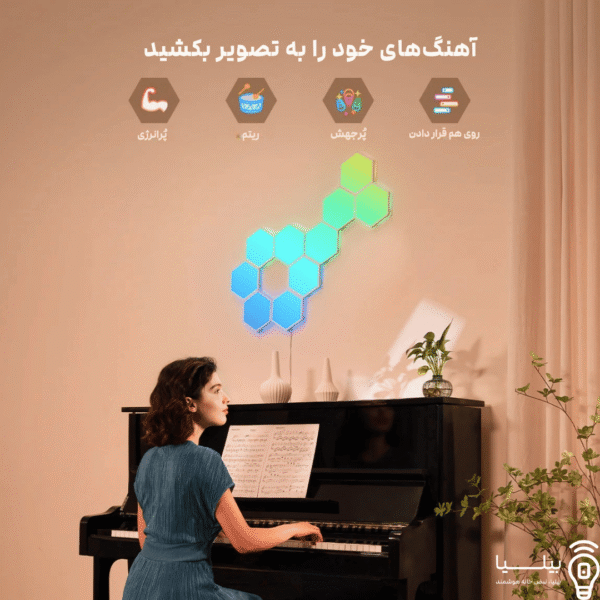پنل نوری هوشمند Govee Glide Hexa نصب شده بر روی دیوار با رنگ سبز و ابی