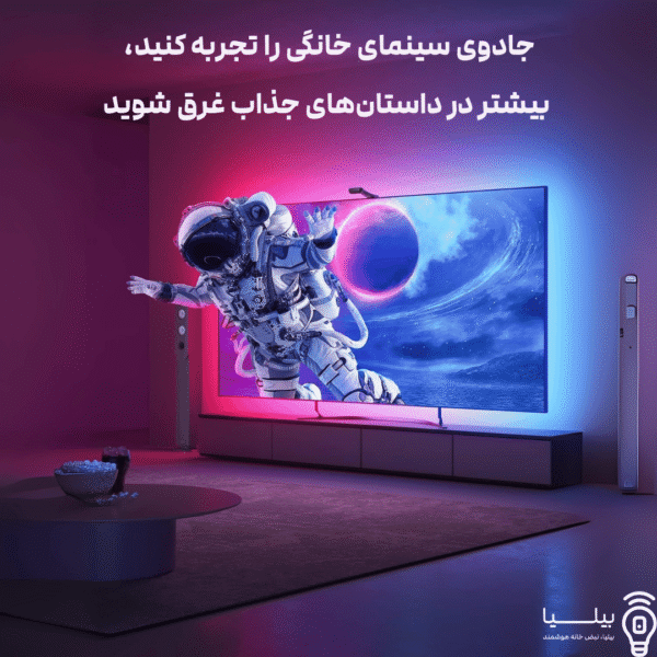 اتاق نشیمن مدرن با تلویزیون دارای نوار LED هوشمند Govee T2، متن «جادوی سینمای خانگی را تجربه کنید، بیشتر در داستان‌های جذاب غرق شوید»، نمایش جلوه نورپردازی هوشمند برای تلویزیون