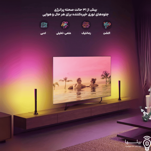 نورپردازی موثر پشت تلویزیون توسط Govee RGBIC TV Light Bar، نمایش جلوه‌های نوری چندرنگ روی دیوار و هماهنگی کامل با تلویزیون‌های ۴۵ تا ۷۰ اینچ، مناسب اتاق نشیمن مدرن، با قابلیت انتخاب رنگ از بین ۱۶.۸ میلیون رنگ.