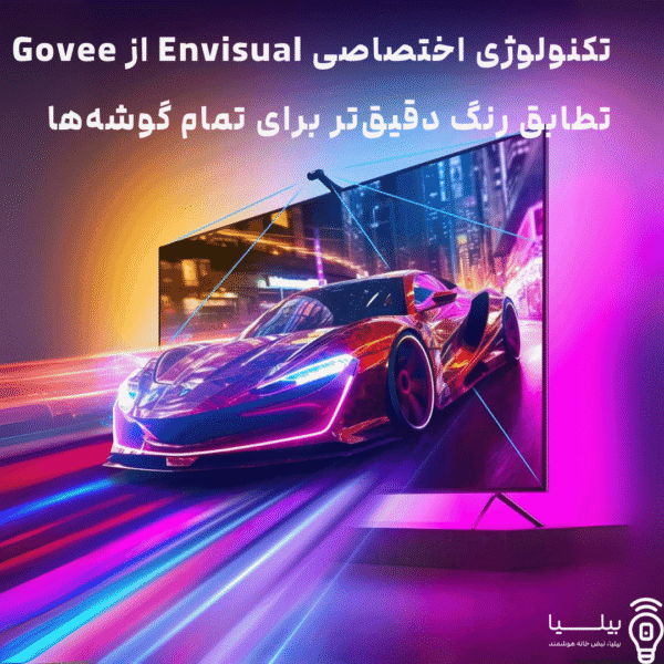 نمای نزدیک از تلویزیون هوشمند با نورپردازی رنگی و متن «تکنولوژی اختصاصی Envisual از Govee، تطابق رنگ دقیق‌تر برای تمام گوشه‌ها»، مناسب معرفی نوار LED هوشمند Govee T2