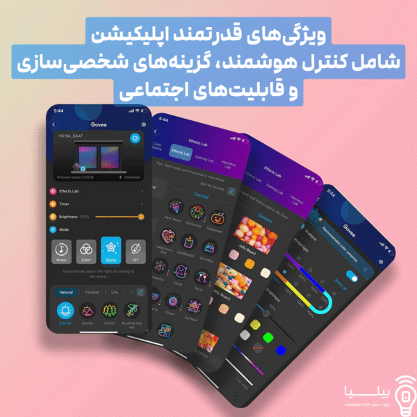 نمایش ویژگی های قدرتمند کنترل با گوشب و اپلیکیشن نمایش کنترل هوشمند و سازگازی با الکسا و دستیار گوگل محصول نمایش ترکیب چند رنگ با نوار LED هوشمند Govee RGBIC مدل H619A