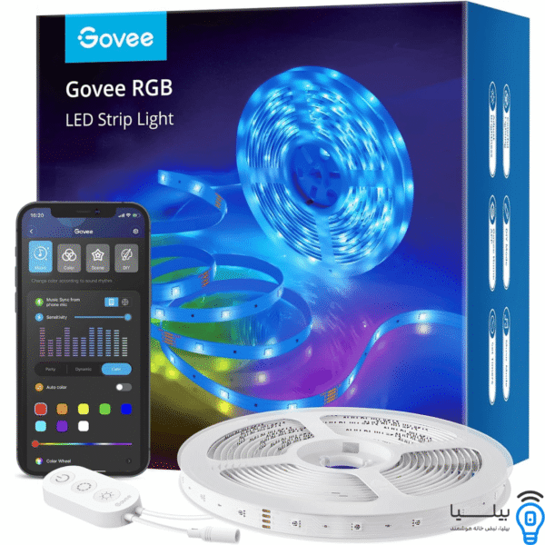 جعبه اورجینال نوار LED هوشمند Govee RGB به همراه ریموت کنترل و اپلیکیشن موبایل برای تنظیم رنگ و حالت‌های نورپردازی، مناسب خرید نورپردازی منزل، اتاق گیمینگ و دکوراسیون مدرن از فروشگاه بیلیا.
