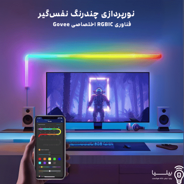 نورپردازی چندرنگ RGBIC اختصاصی Govee با افکت‌های نفس‌گیر؛ قابل کنترل از طریق اپلیکیشن موبایل Govee Home، مناسب تلویزیون، پی‌سی و ستاپ حرفه‌ای گیمینگ.