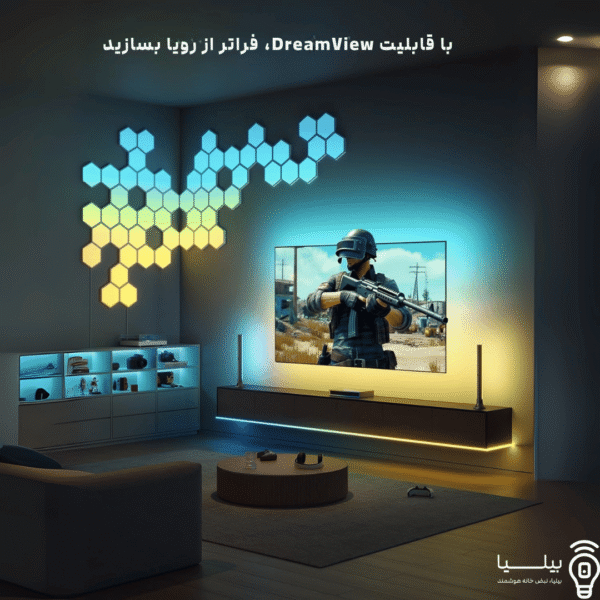 اتاق نشیمن مدرن با نورپردازی پیشرفته DreamView Govee، سینک رنگی با بازی و دیوارهای روشن - بهترین انتخاب برای نورپردازی گیمینگ و خانه هوشمند با محصولات بیلیا